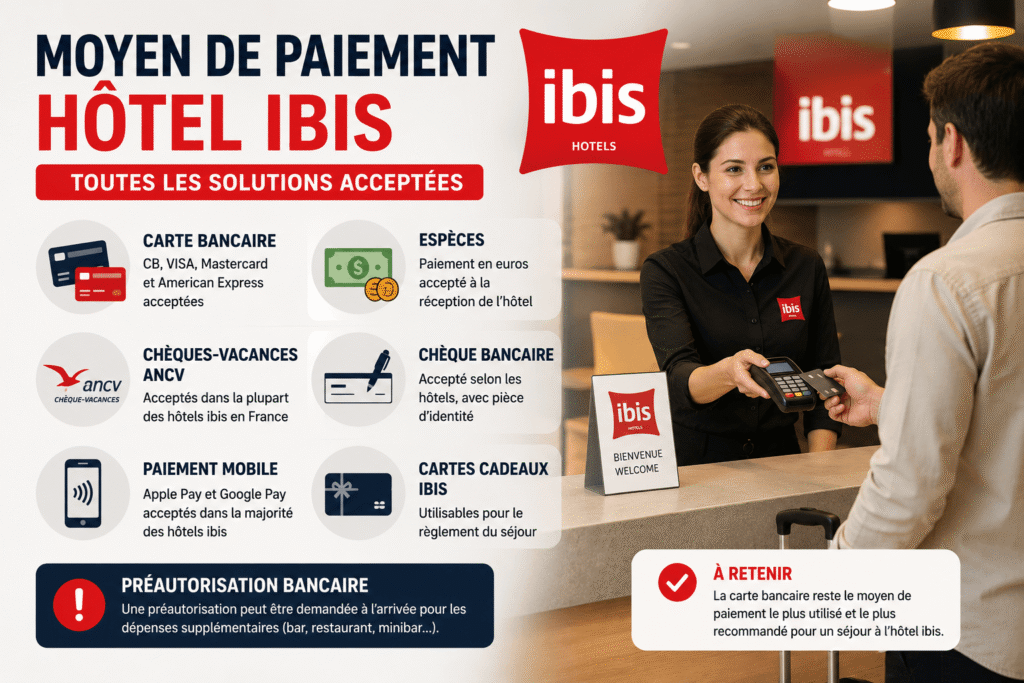 Moyen de paiement hôtel ibis avec une cliente réglant son séjour à la réception par carte bancaire et paiement mobile