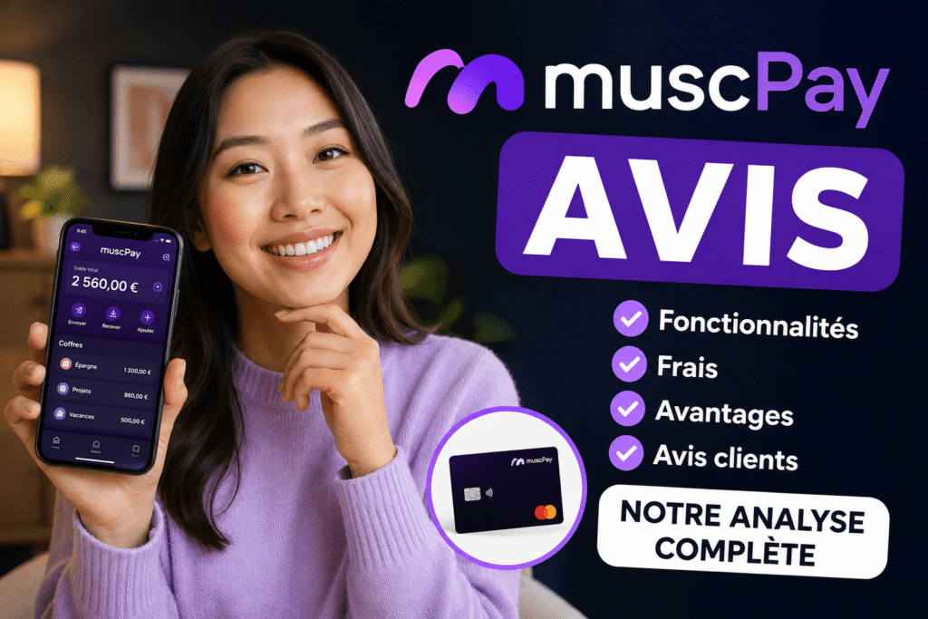 Musc Pay avis 2026 avec une femme consultant l’application sur son smartphone pour gérer ses paiements et son budget