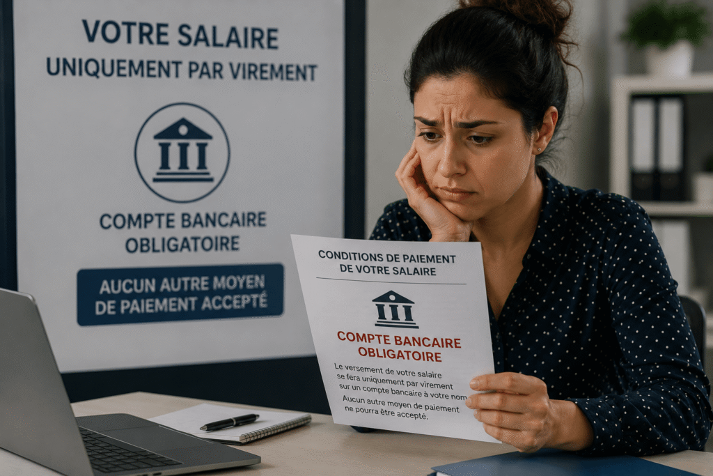 Une salariée consulte un document relatif à l'obligation compte bancaire pour salaire dans un bureau administratif.