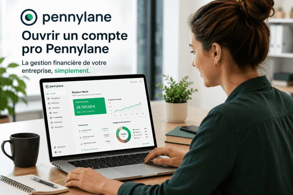 ouvrir un compte pro pennylane avec une entrepreneure qui pilote la trésorerie et les paiements de son entreprise depuis son ordinateur