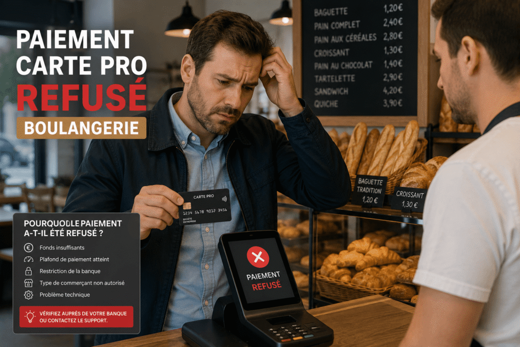 Un homme fait face à un paiement carte pro refusé boulangerie au moment du règlement.