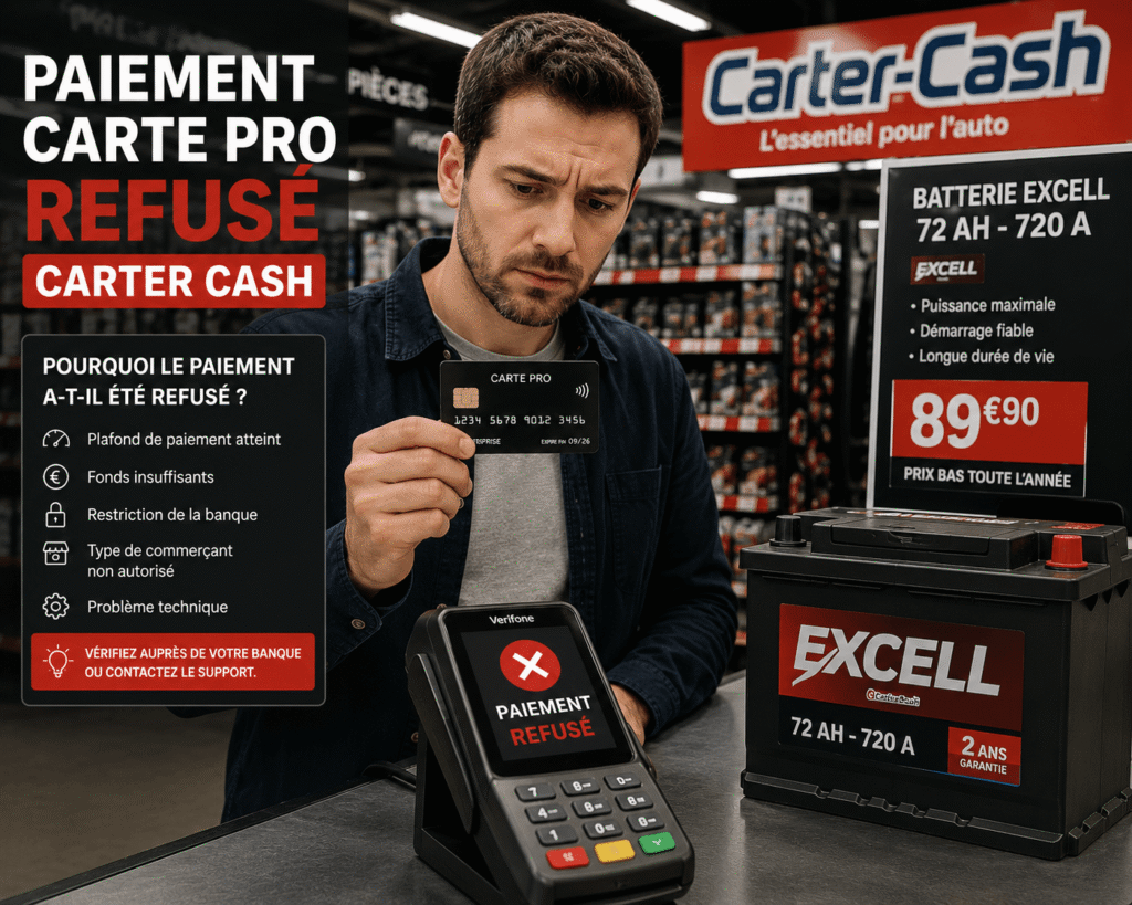 Un homme rencontre un paiement carte pro refusé carter cash lors de l’achat d’une batterie automobile.