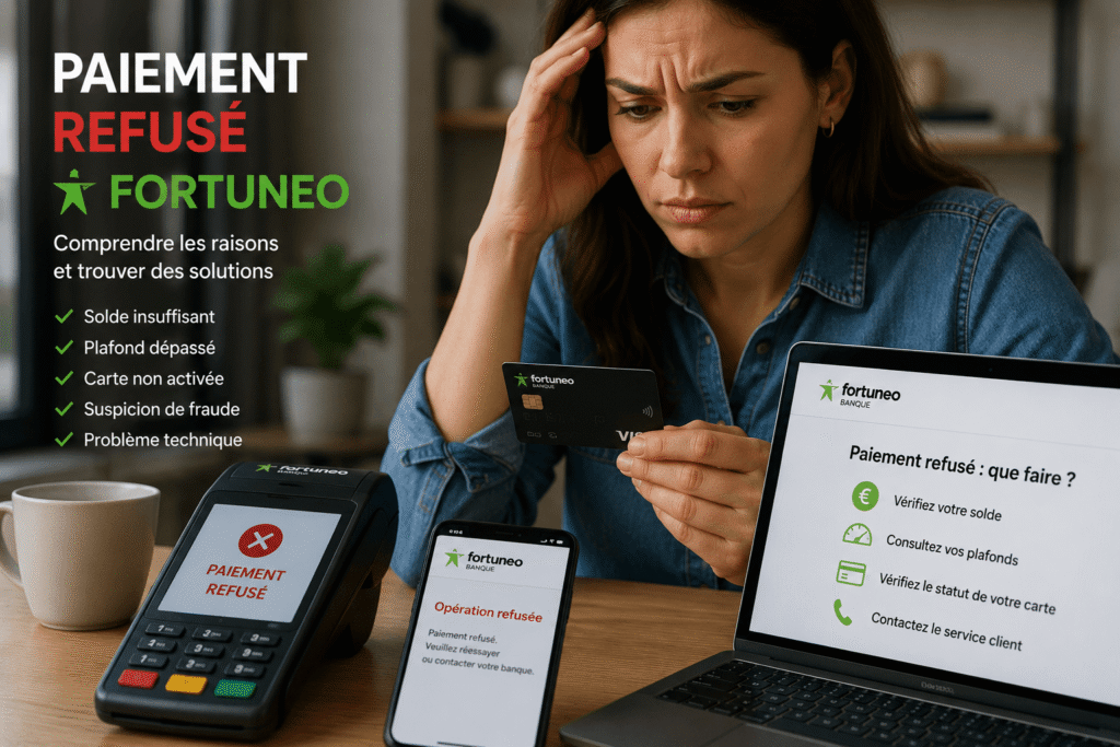 Paiement refusé Fortuneo femme confrontée à un paiement refusé avec sa carte bancaire