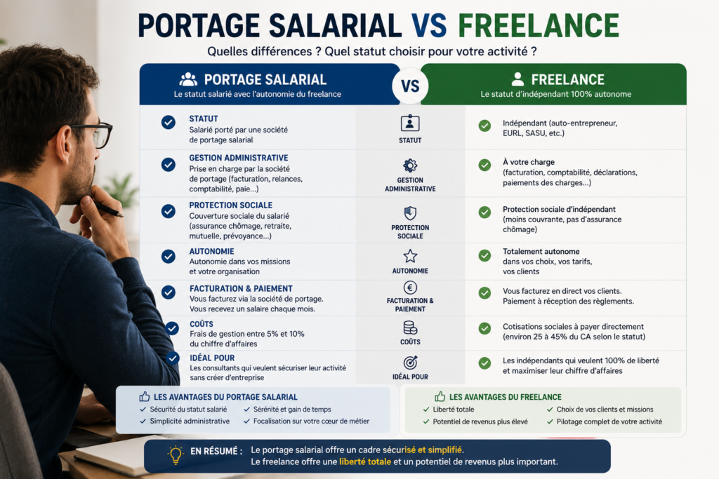 portage salarial vs freelance pour comparer les avantages et les différences entre les deux statuts.