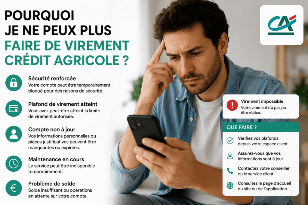 pourquoi je ne peux plus faire de virement crédit agricole​ ? Les principales raisons expliquant le blocage d’un virement.