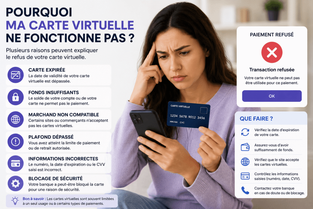 pourquoi ma carte virtuelle ne fonctionne pas​ ? Les motifs les plus fréquents derrière un paiement refusé avec une carte virtuelle.