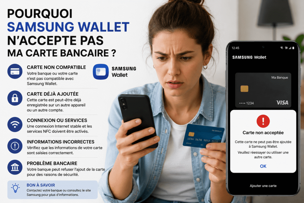 pourquoi samsung wallet n accepte pas ma carte bancaire​? Illustration des causes fréquentes de refus lors de l’ajout d’une carte.