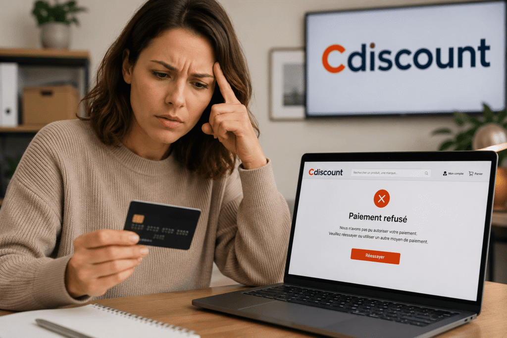 Une femme rencontre un probleme carte pro cdiscount lors d’un paiement professionnel en ligne.