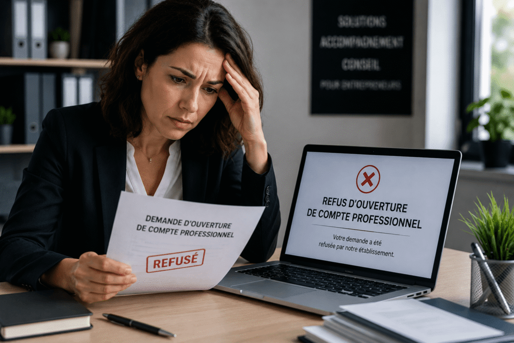 Refus d'ouverture de compte professionnel avec femme entrepreneure recevant un refus d'ouverture de compte professionnel dans son bureau professionnel