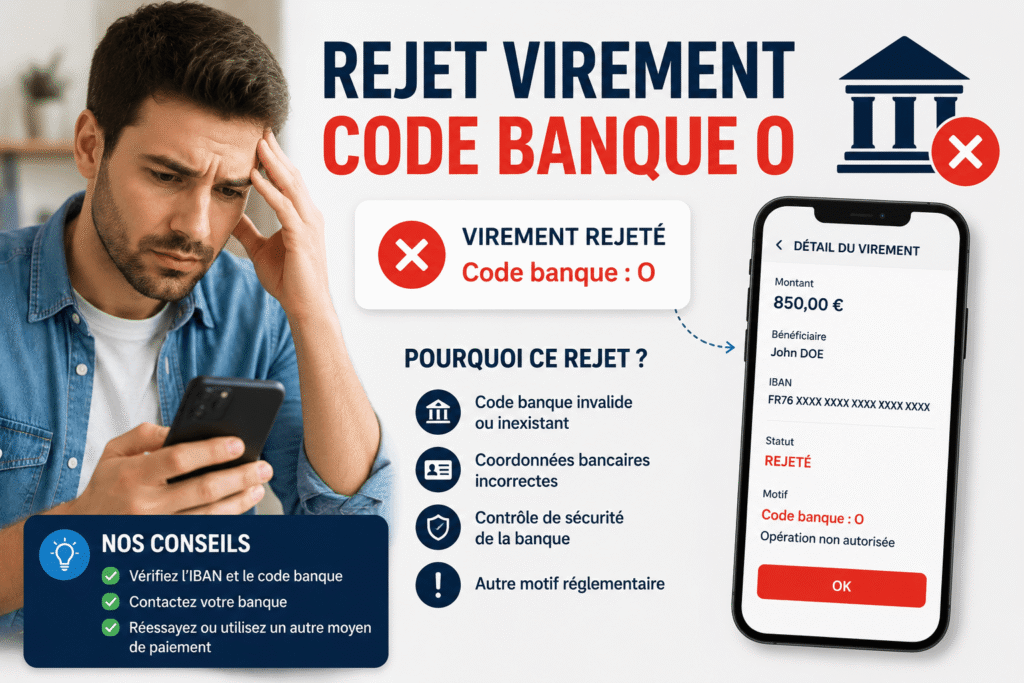 Rejet virement code banque O affiché sur un smartphone avec un utilisateur confronté à un virement bancaire refusé