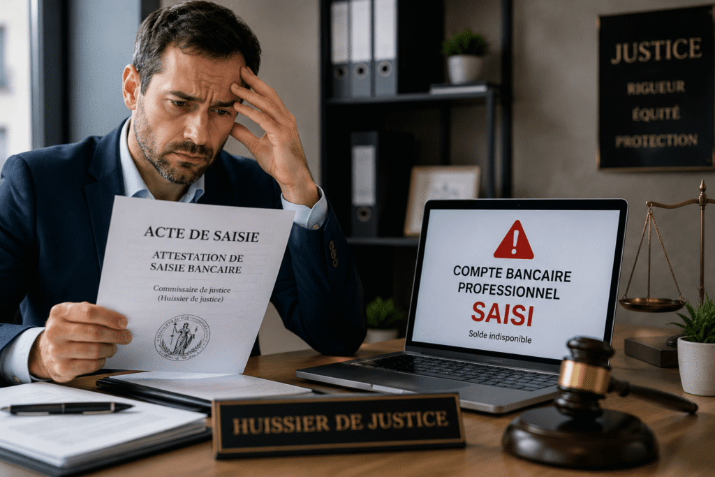 Saisie compte bancaire professionnel huissier avec femme chef d'entreprise consultant un acte de saisie bancaire professionnelle par huissier