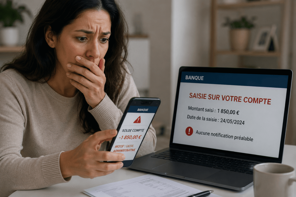 Une femme découvre une saisie bancaire inattendue sur son espace bancaire dans le cadre de saisie sur compte bancaire sans avertissement