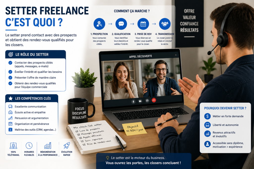 setter freelance c'est quoi expliqué à travers une visioconférence avec des prospects qualifiés.