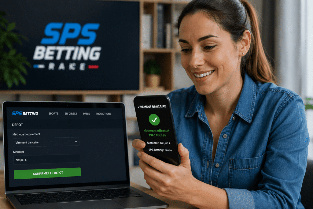 sps betting france virement​ affiché sur le smartphone d'une femme dans un bureau moderne.