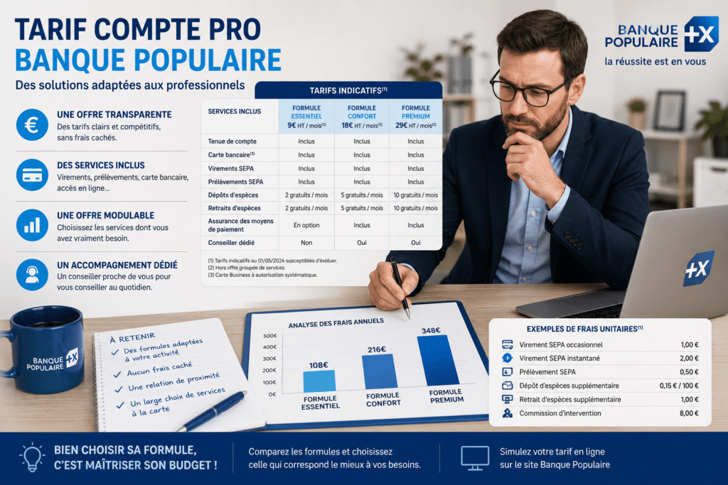 Dirigeant analysant tarif compte pro banque populaire​avant d'ouvrir un compte professionnel.