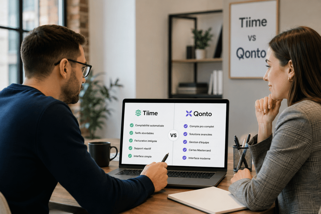 Tiime vs Qonto comparaison entre deux solutions professionnelles dans un bureau moderne