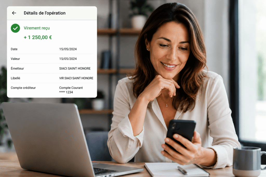 vir siaci saint honore​ affiché sur une application bancaire consultée par une femme sur smartphone