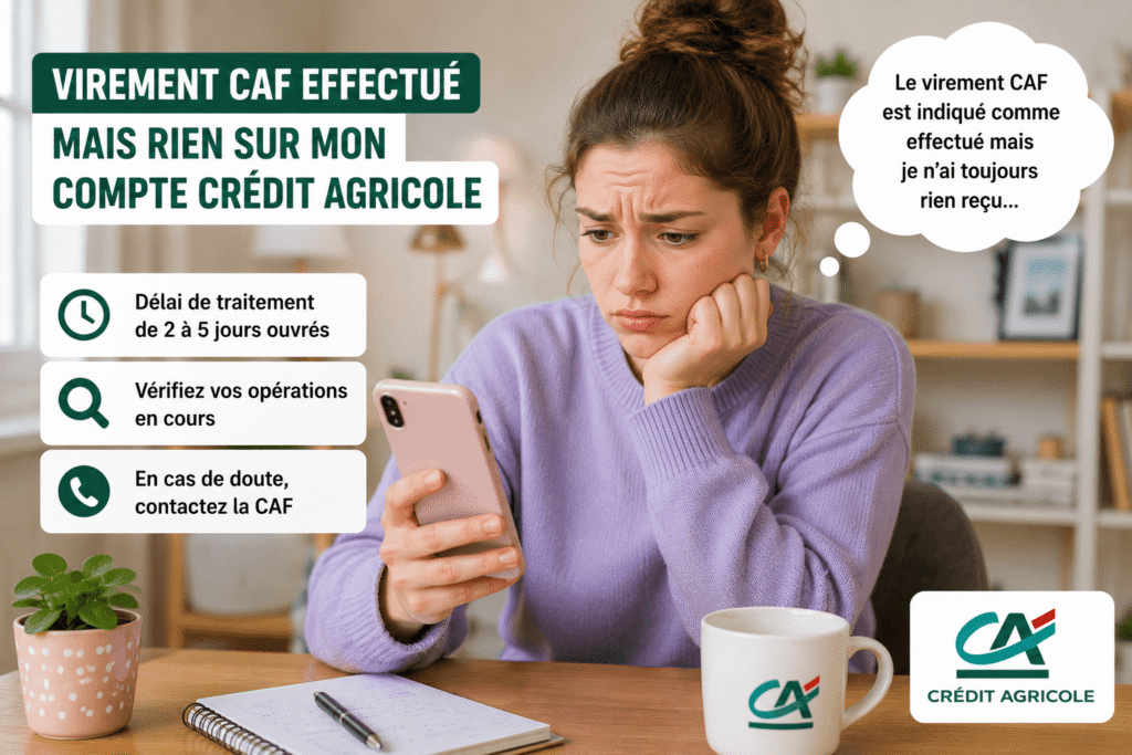 Virement caf effectué mais rien sur mon compte crédit agricole avec une femme préoccupée regardant son téléphone