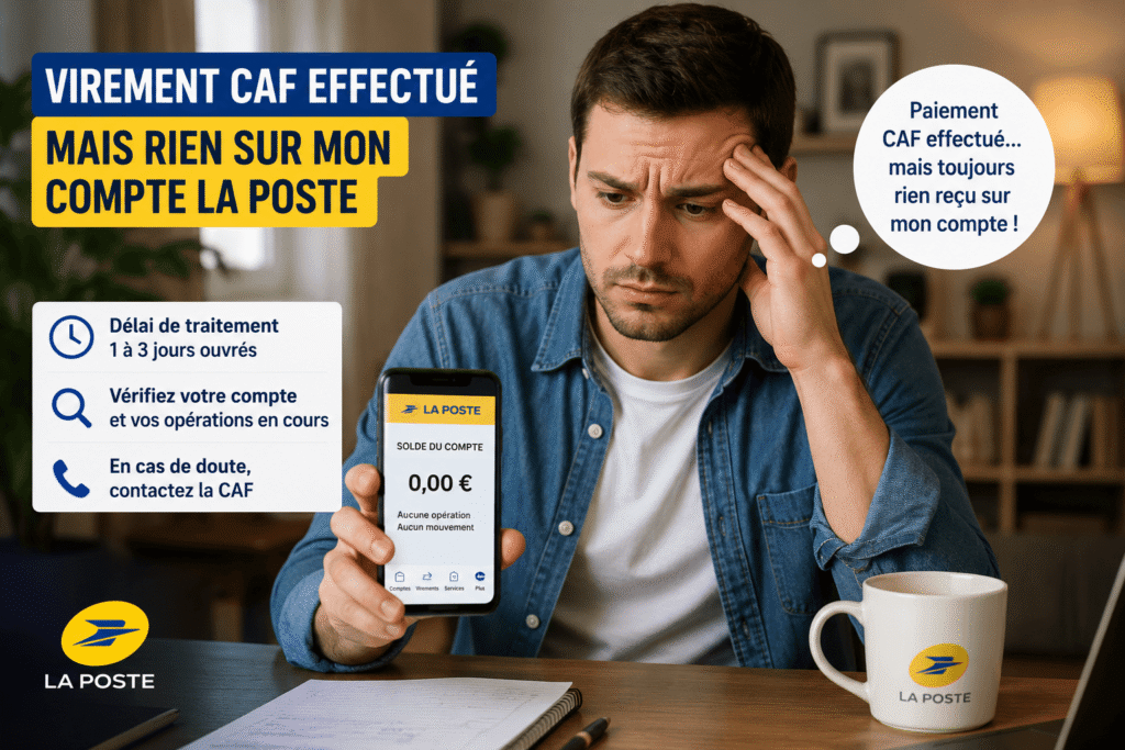 virement caf effectué mais rien sur mon compte la poste un homme inquiet consultant son application bancaire