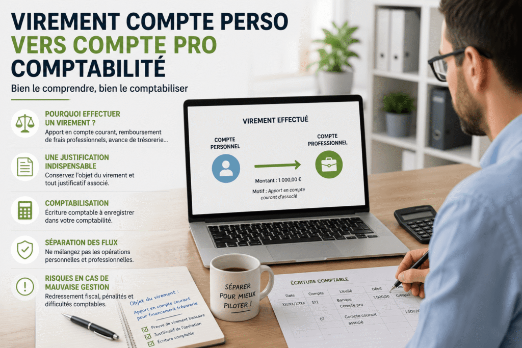 virement compte perso vers compte pro comptabilitéEntrepreneur réalisant un virement depuis son bureau.