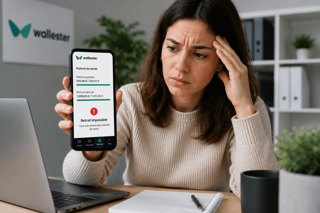 Wallester plafond retrait femme consulte les limites de retrait sur son smartphone