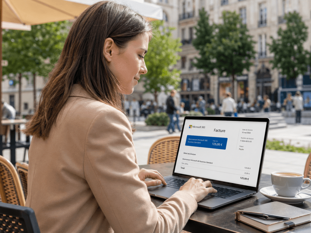 Professionnel gérant son abonnement microsoft 365 depuis son espace client.