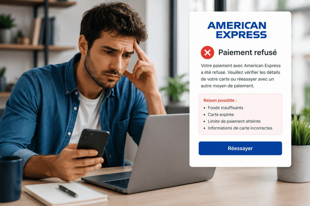 american express paiement refusé sur une carte bancaire tenue par un jeune homme inquiet
