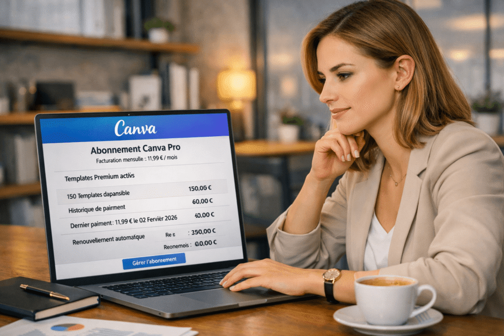 canva abonnement géré par une jeune femme depuis son espace de facturation