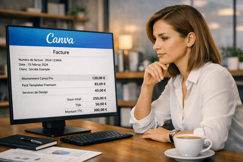 canva facture affichée sur un ordinateur portable avec une utilisatrice vérifiant son justificatif