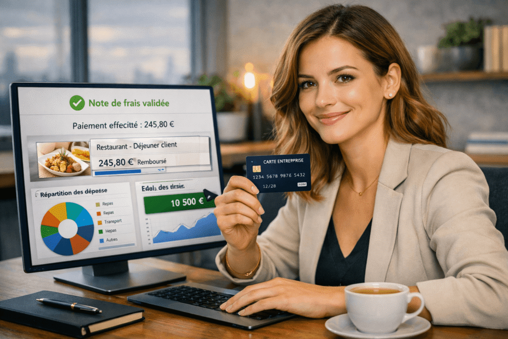 carte bancaire entreprise note de frais utilisée par une salariée pour simplifier le suivi des justificatifs professionnels.