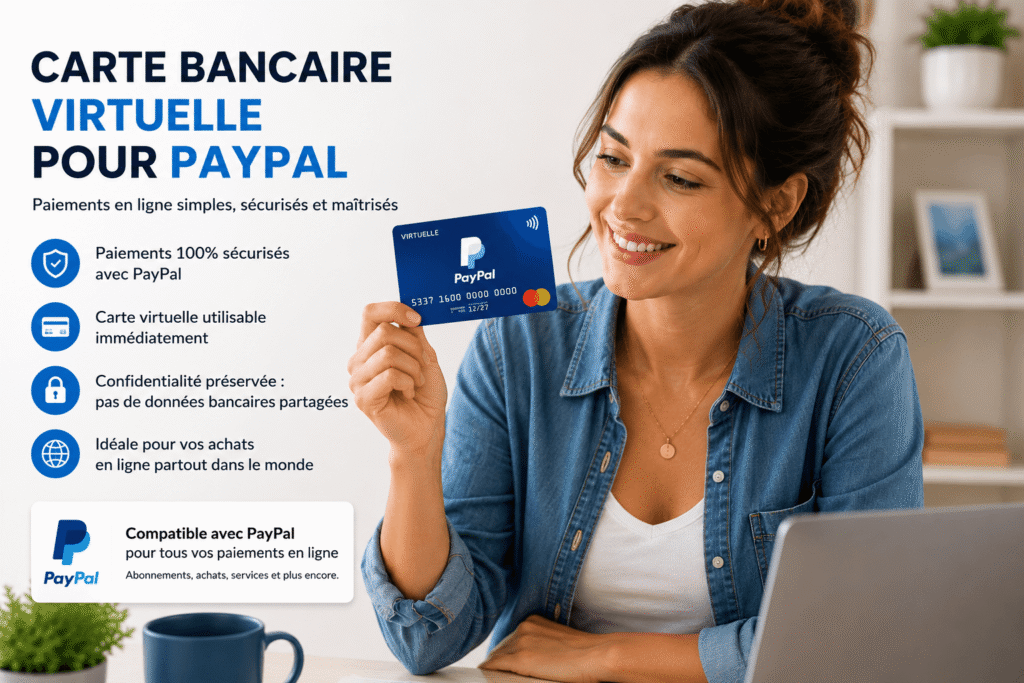 Carte bancaire virtuelle pour PayPal montrée par une jeune femme dans un espace de travail moderne.
