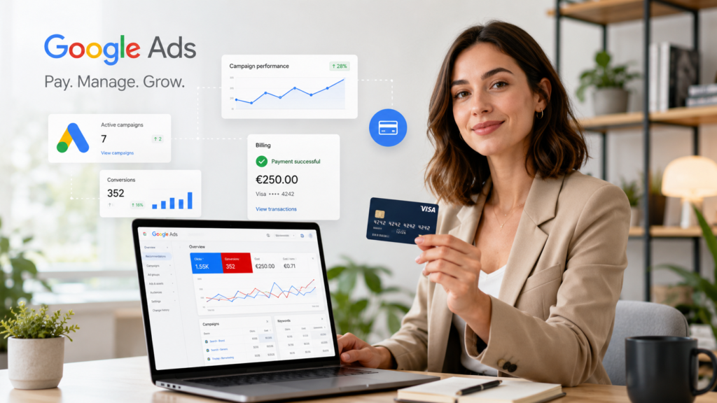 Jeune femme utilisant une carte Google Ads