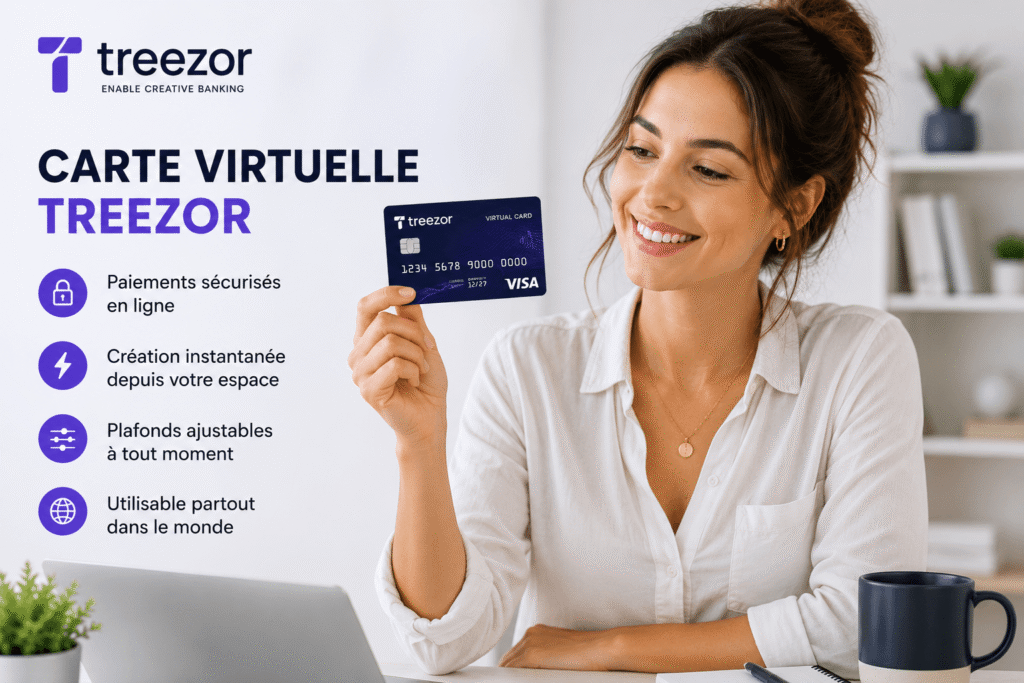 Carte virtuelle Treezor présentée par une jeune femme dans un bureau moderne.