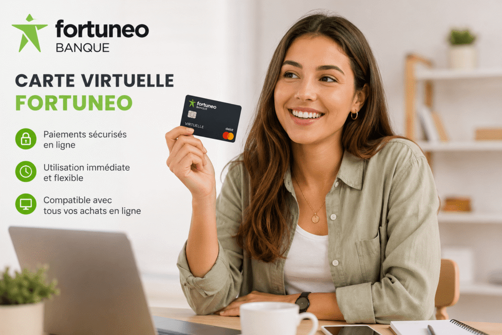 Carte virtuelle Fortuneo présentée par une jeune femme dans un espace de travail lumineux.