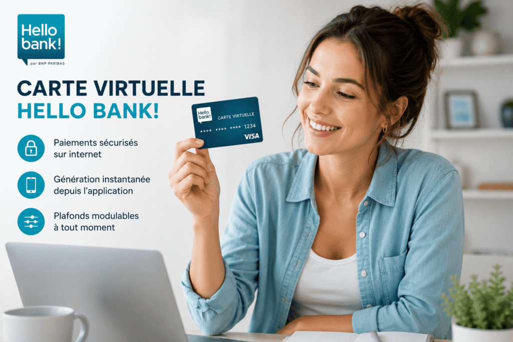 Carte virtuelle Hello bank tenue par une jeune femme dans un bureau contemporain.