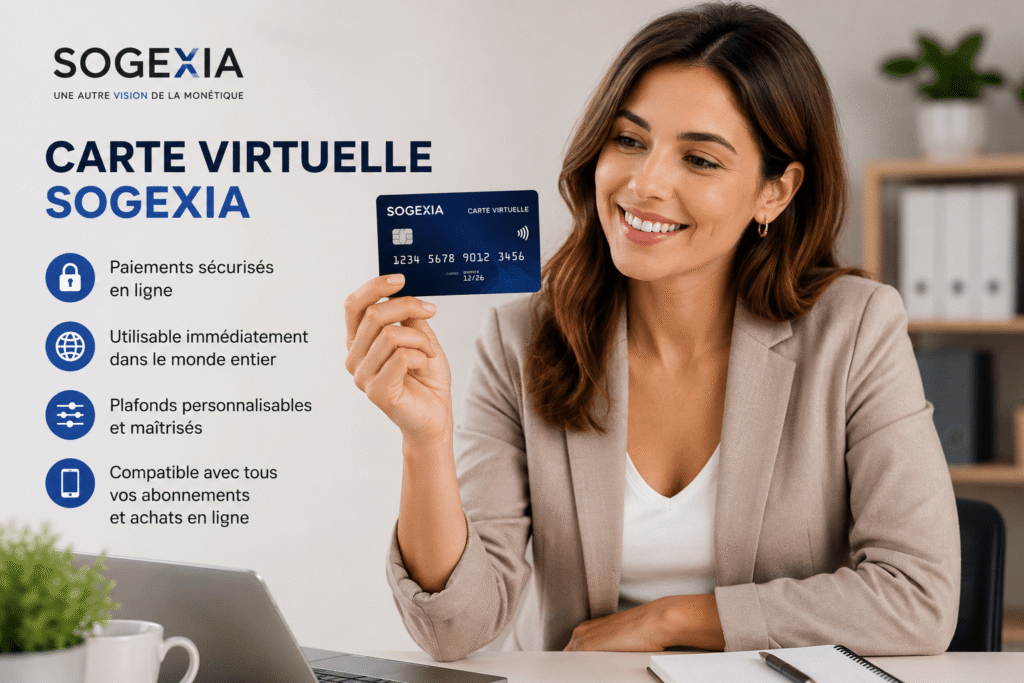 Carte virtuelle Sogexia affichée par une jeune femme dans un environnement professionnel.