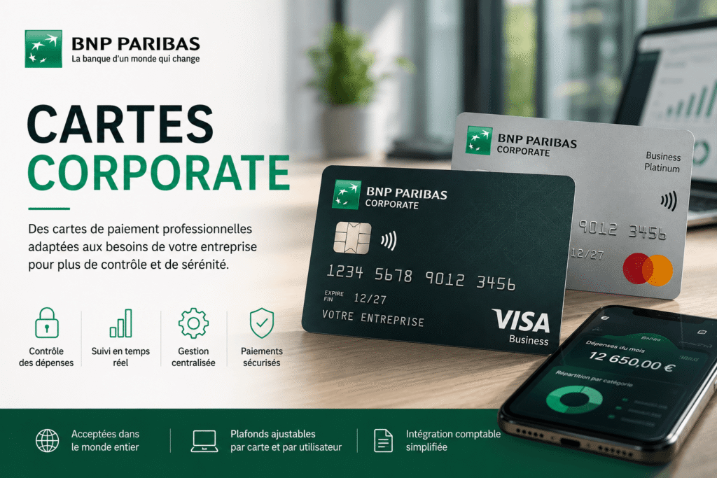 Image montrant des cartes corporate BNP Paribas pour gérer les paiements professionnels.