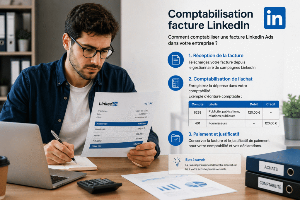 comptabilisation facture linkedinréalisée par une comptable devant son ordinateur