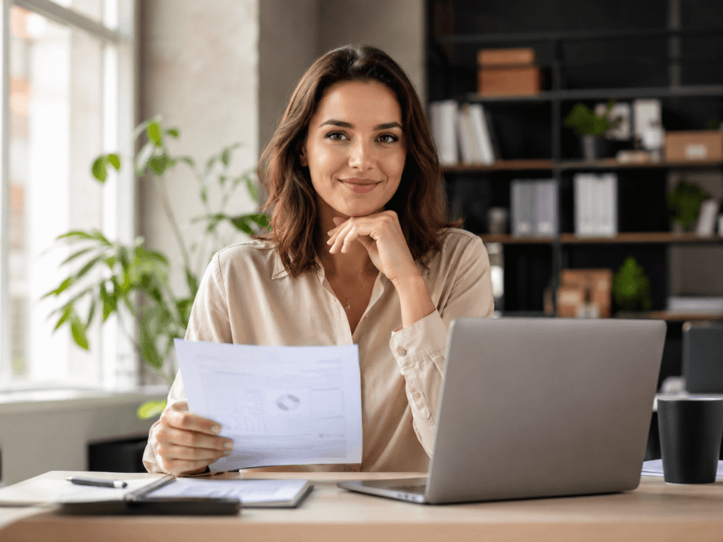 Compte pro Indy avis d'une jeune femme utilisant un ordinateur portable dans un bureau moderne.