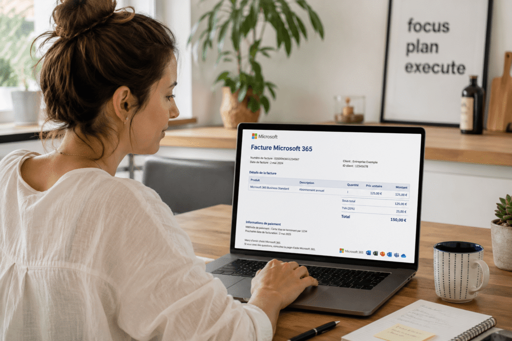 Comptable vérifiant une facture microsoft 365​ sur un ordinateur de bureau.