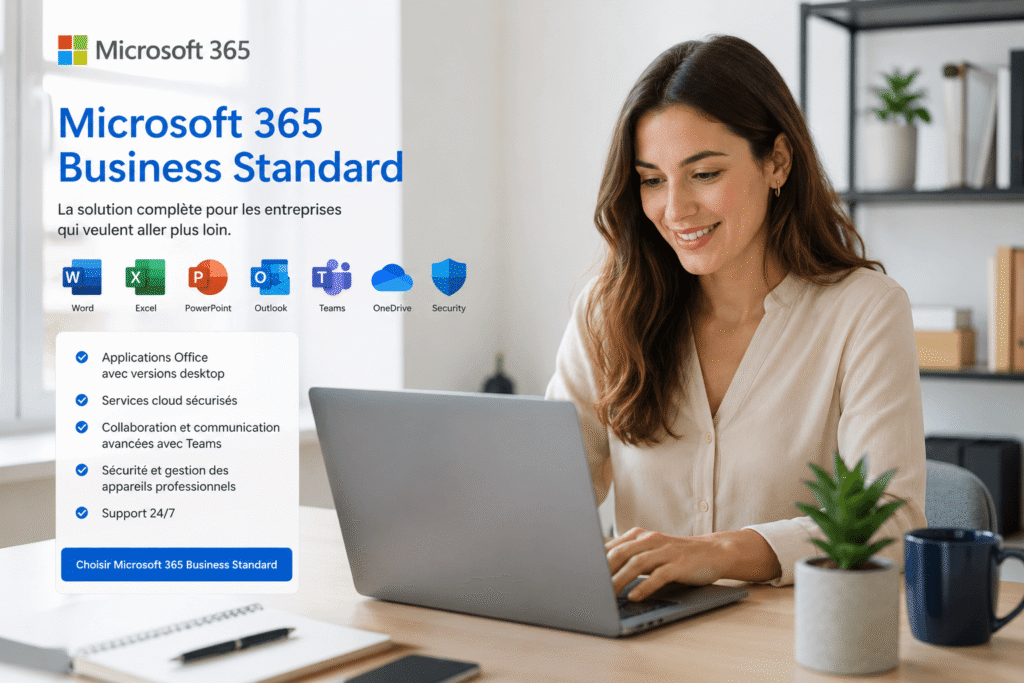 Entrepreneur découvrant les fonctionnalités de microsoft 365 business standard pour son entreprise.