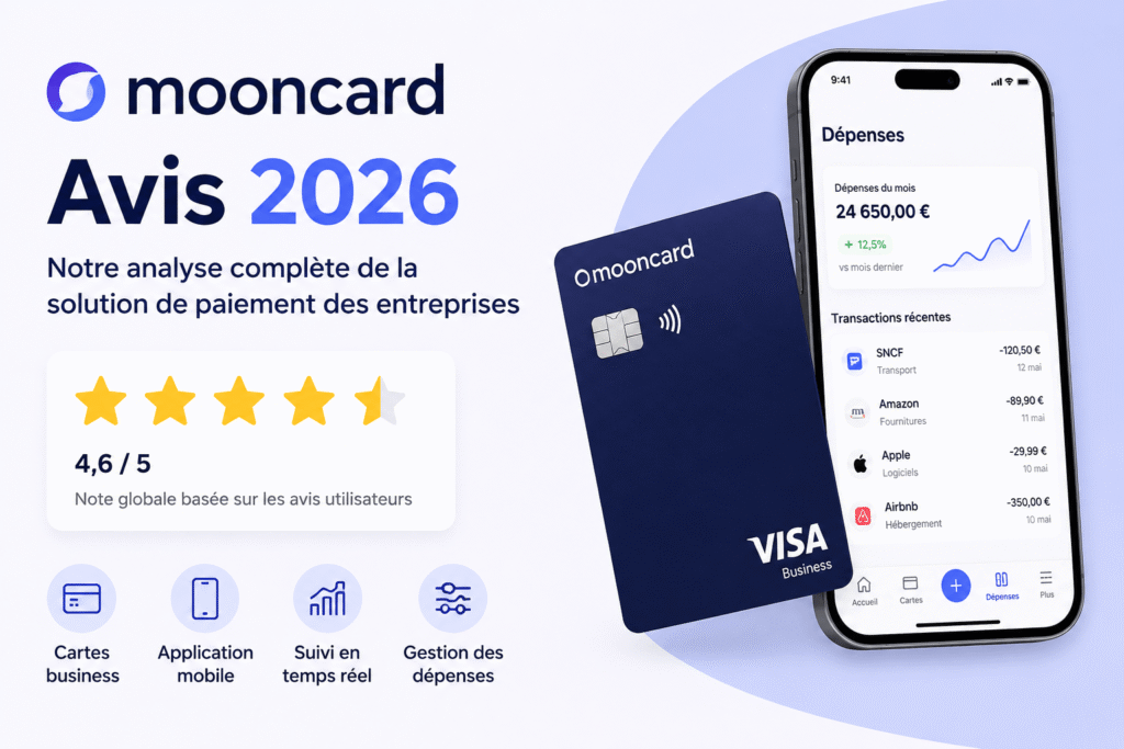 Image présentant un mooncard avis avec carte business et application de gestion des dépenses.