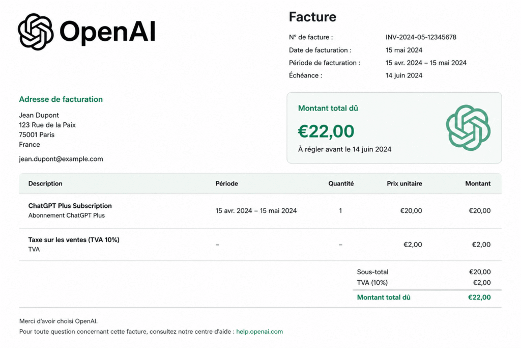 open ai facture​consultée sur un écran par un professionnel recherchant un justificatif