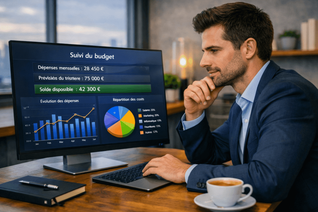 outil de gestion de budget entreprise consulté par une cheffe d'entreprise pour contrôler les dépenses en temps réel.