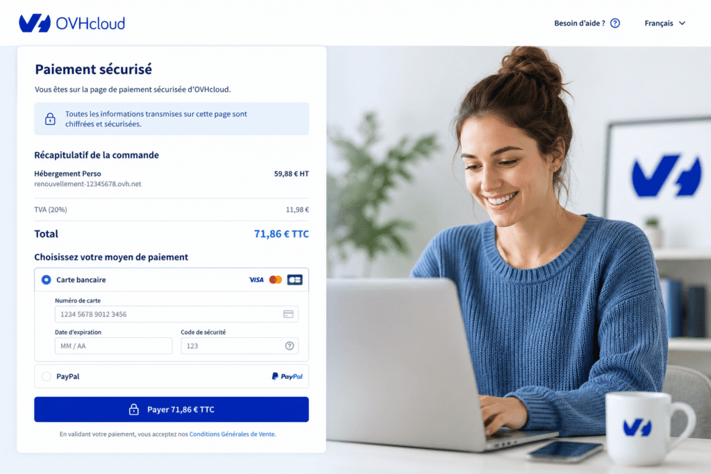 Jeune femme consultant la page paiement ovhcloud com sur son ordinateur pour gérer une facture professionnelle.