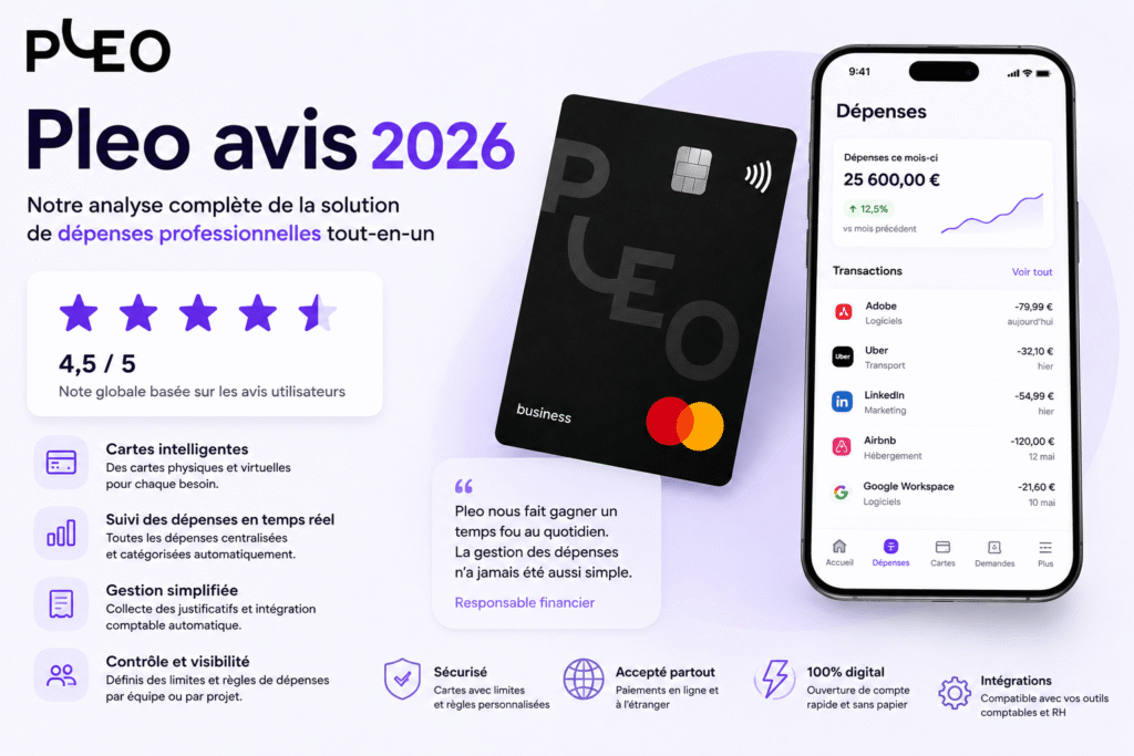 Image présentant un pleo avis avec carte professionnelle et application mobile de gestion des frais.