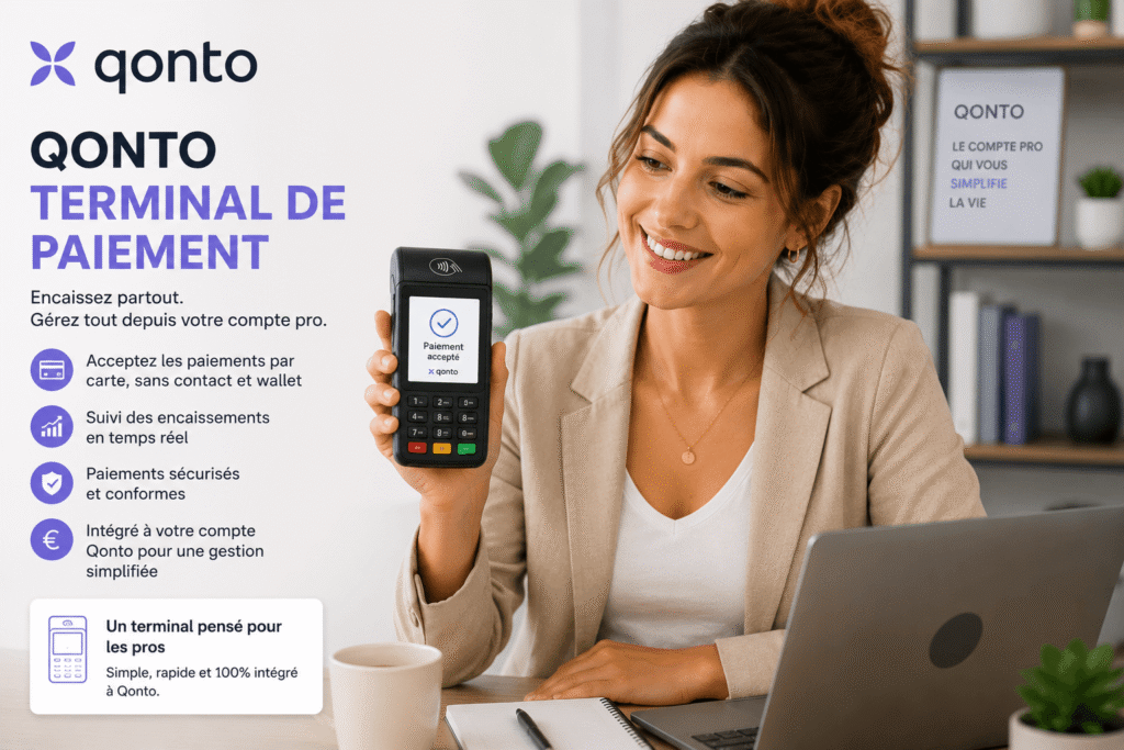 Qonto terminal de paiement utilisé par une jeune femme dans un bureau professionnel.